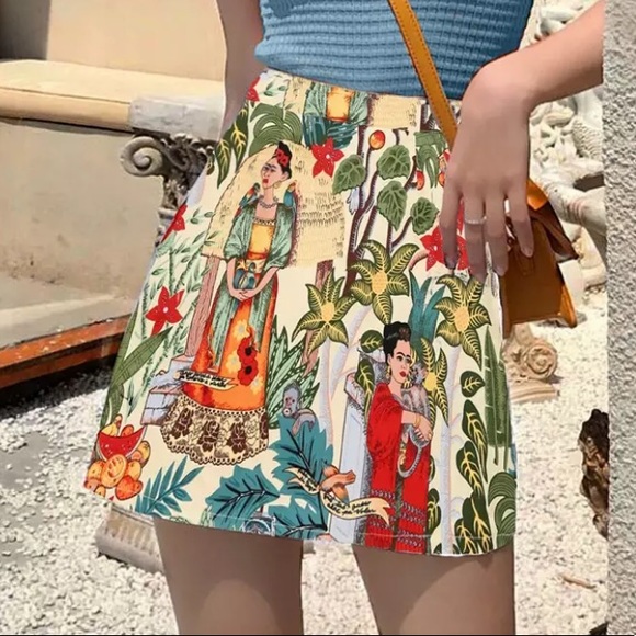 Frida Kahlo Jungle Print Black Skirt M Boho Mini - Picture 2 of 7